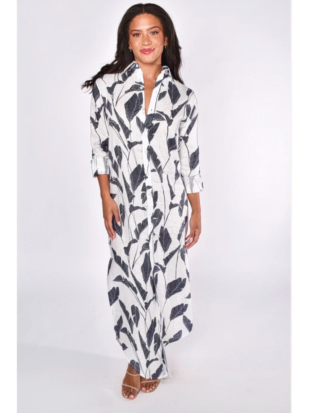 Emily Phillips WHITE 100% LINEN NAVY PALMS GIRLFRIEND MAXI DRESS made in USA